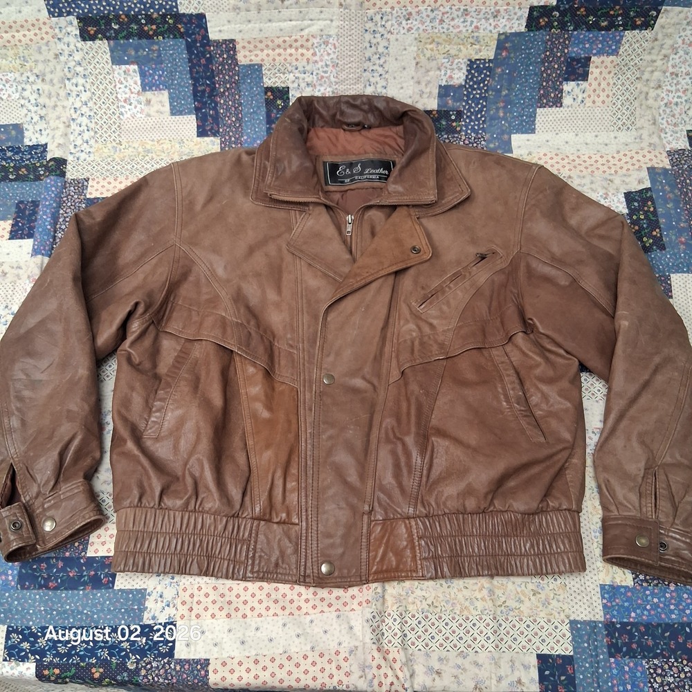 Vintage E&S Leather Of California Mens XL Brown Leather Bomber Jacket Western